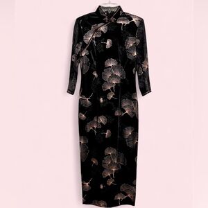 Black Velvet Cheongsam Dress Ginkgo Print Qipao Style